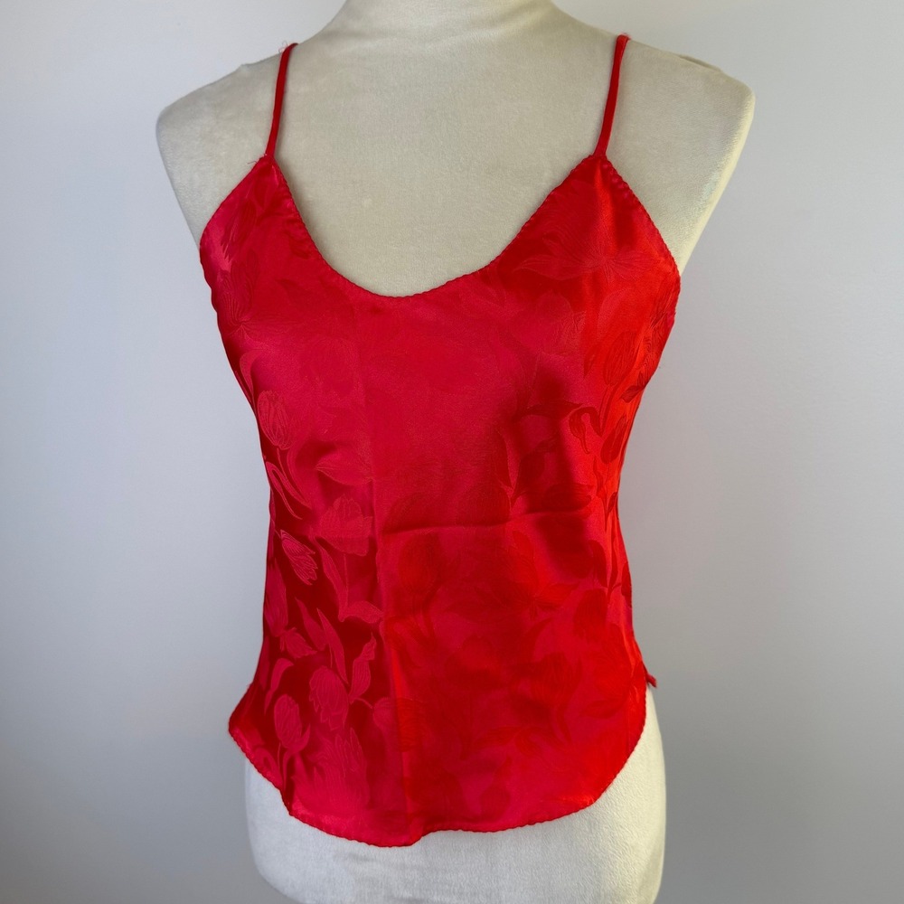 VTG Ilise Stevens Red Floral Satin Camisole Top V-Neck Spaghetti Strap Sz Small